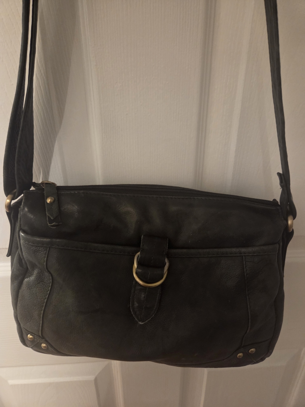 Classic Dark Green Leather Crossbody Bag with Brass Accent
